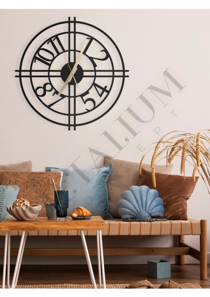 Dekoratif Türkçe Rakamlı Sessiz Siyah Metal Duvar Saati 60X60CM