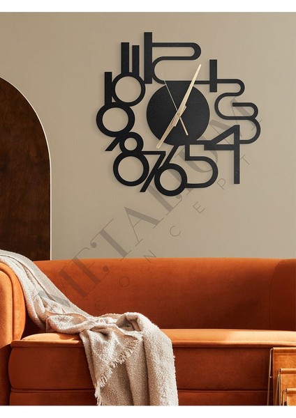 Dekoratif Türkçe Rakamlı Sessiz Siyah Metal Duvar Saati 60X60CM