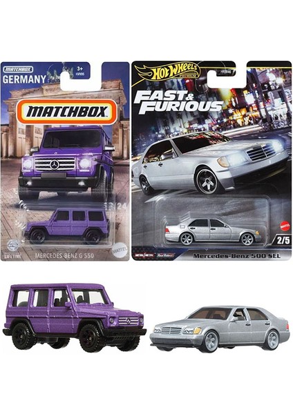 2 Araç Mercedes Benz Set - Hot Wheels Premium 500 Sel & Matchbox G 550 (1/64)