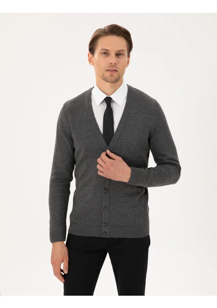 Pierre Cardin Erkek Gri Melanj Slim Fit Basic Düğmeli Triko Hırka 50300523-VR086