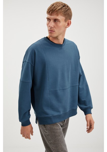 Allen Erkek Parçalı Arkası Uzun Yırtmaclı Polarsız Yuvarlak Yakalı Petrol Yeşili Sweatshirt