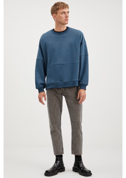 Allen Erkek Parçalı Arkası Uzun Yırtmaclı Polarsız Yuvarlak Yakalı Petrol Yeşili Sweatshirt fiyatları