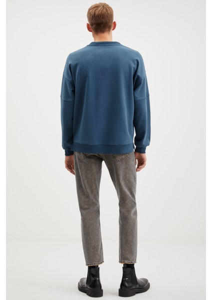 Allen Erkek Parçalı Arkası Uzun Yırtmaclı Polarsız Yuvarlak Yakalı Petrol Yeşili Sweatshirt indirimleri