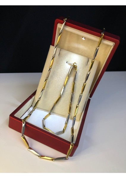 3mm Köşeli Çubuk Sarı V Beyaz Çelik Ince Kibar Set • Işıklı Kutuda • Sevgiliye • Eşe Bileklik Kolye