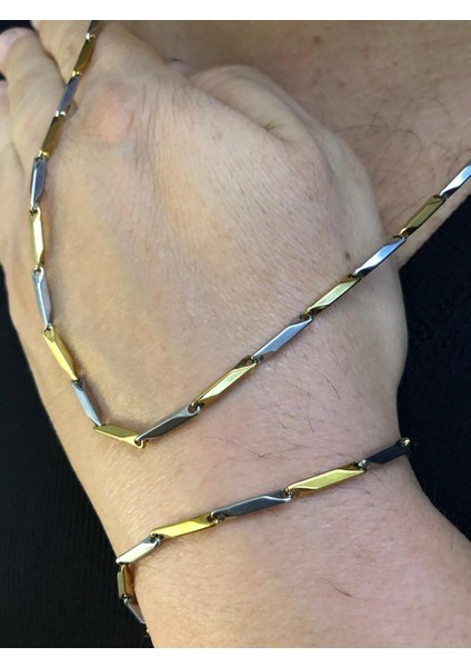 3mm Köşeli Çubuk Sarı V Beyaz Çelik Ince Kibar Set • Işıklı Kutuda • Sevgiliye • Eşe Bileklik Kolye fiyatları