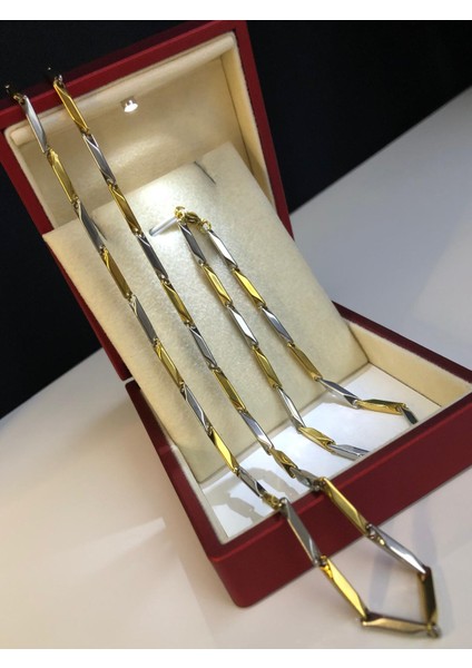 3mm Köşeli Çubuk Sarı V Beyaz Çelik Ince Kibar Set • Işıklı Kutuda • Sevgiliye • Eşe Bileklik Kolye modelleri