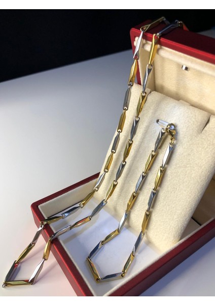3mm Köşeli Çubuk Sarı V Beyaz Çelik Ince Kibar Set • Işıklı Kutuda • Sevgiliye • Eşe Bileklik Kolye indirimleri