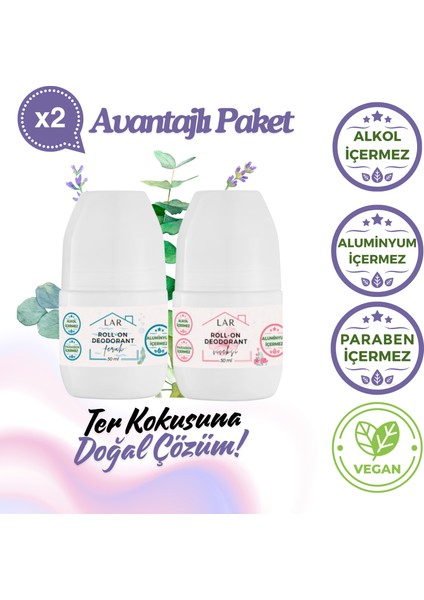 Alüminyumsuz Alkolsüz Parabensiz Vegan Ferah ve Çiçek Kokulu Roll-on Deodorant 2li Avantajlı Paket 50ml