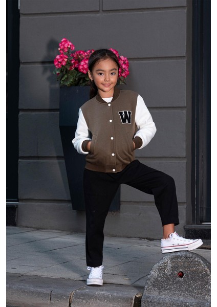 W Nakışlı Kız Çocuk Kahverengi Bomber Kolej Ceket