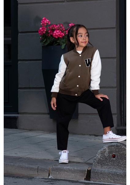 W Nakışlı Kız Çocuk Kahverengi Bomber Kolej Ceket fiyatları