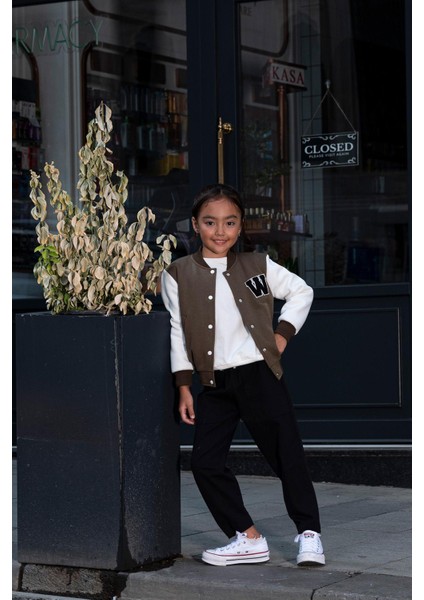 W Nakışlı Kız Çocuk Kahverengi Bomber Kolej Ceket modelleri