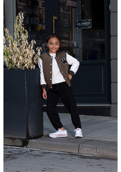 W Nakışlı Kız Çocuk Kahverengi Bomber Kolej Ceket fırsatları