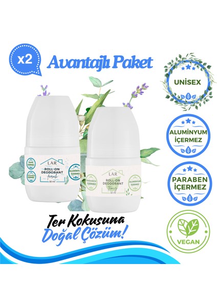 Alüminyumsuz Parabensiz Vegan Unisex Ferah ve Temiz Kokulu Roll-on Deodorant 2li Avantajlı Paket 50ml