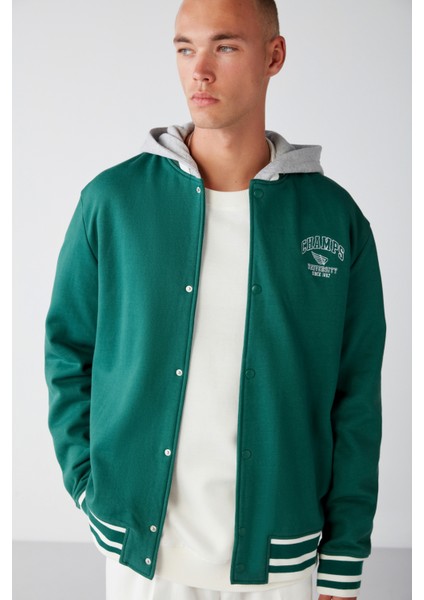 Leon Erkek Kolej Bomber Nakışlı Kontrast Kapüşonlu Çizgili Trikolu Içi Polarlı Bomber Yeşil Sweatshirt