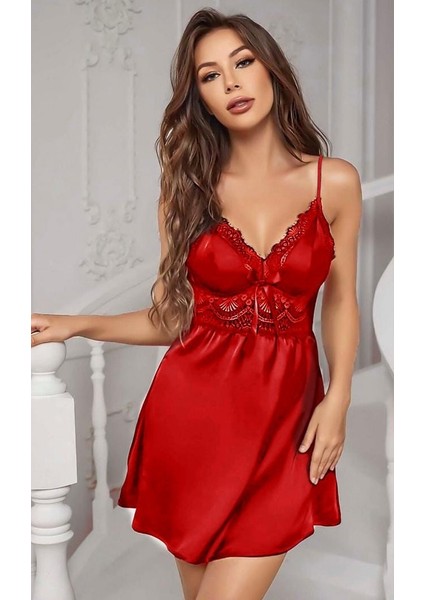 Kadın Kırmızı Şık Bağlamalı Saten Gecelik