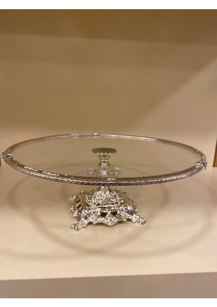 Sunum Yuvarlak Ayaklı Döküm Pirinç Cam Gümüş 30 cm