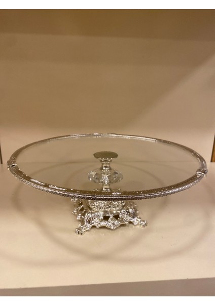 Sunum Yuvarlak Ayaklı Döküm Pirinç Cam Gümüş 30 cm modelleri