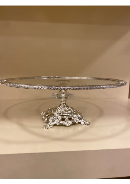 Sunum Yuvarlak Ayaklı Döküm Pirinç Cam Gümüş 30 cm indirimleri