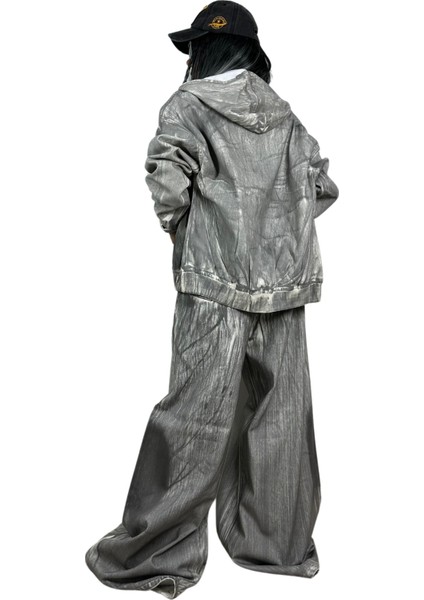 Oversize Tasarım Füme Beyaz Yıkama Denim Takım