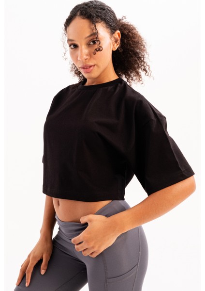 100% Pamuk Crop Bisiklet Yaka Siyah Kadın T-Shirt - Maia