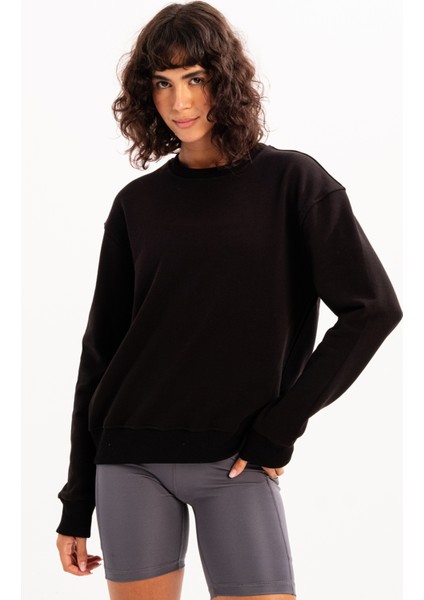 Bisiklet Yaka Basic Kalıp Siyah Kadın Sweatshirt Eşofman Üstü - Aura