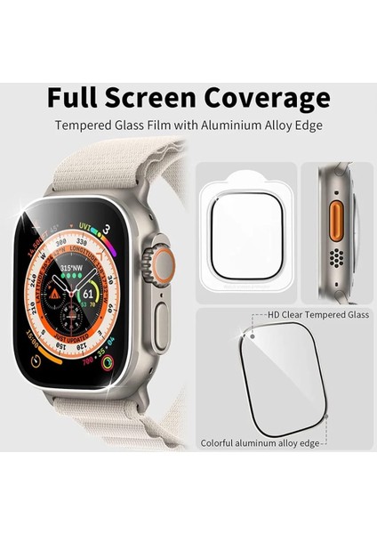 Apple Watch Metal Kasa Ultra 1/2 49MM Kapak Temperli Cam Ekran Koruyucu Su Geçirmez Koruyucu