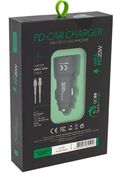 Powerway CC35 Yeni Nesil Usb-C (Iphone To Type-C) Araç Şarj Seti (PD18W)