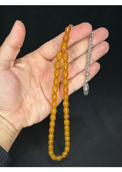 Toz Kehribar Tesbih Sarı Renkli Beyzi Kesim 11MMX8 mm T-575
