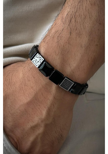 925 Ayar Gümüş ve Akik Doğal Taşlı Zirkon Parçalı Siyah Renk Erkek Bileklik FRJ12333-3333-S fiyatları