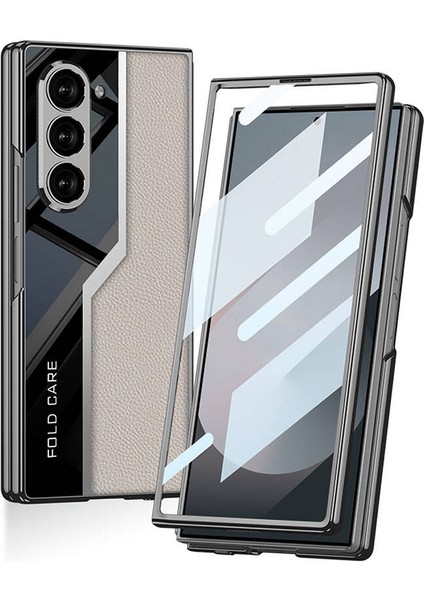 EZSP Samsung Galaxy Z Fold 6 Kılıf Ultra Ince Kamera Korumalı Pc + Deri Arka Yüzey Kıpta Poligan Kapak - Gri