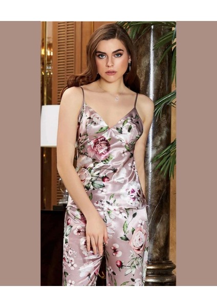 Jeremi Pudra Çiçek Desenli Saten Ipek Kolları Transparan 3 Parça Pijama TAKIMI-3053