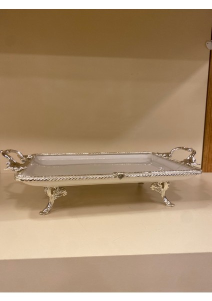 Porselen Sunum Tabağı Dikdörtgen Döküm Pirinç Ayaklı Kulplu Gümüş 32X23