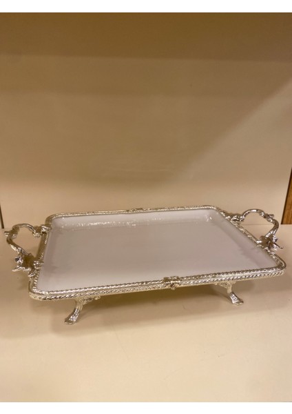 Porselen Sunum Tabağı Dikdörtgen Döküm Pirinç Ayaklı Kulplu Gümüş 32X23 fiyatları