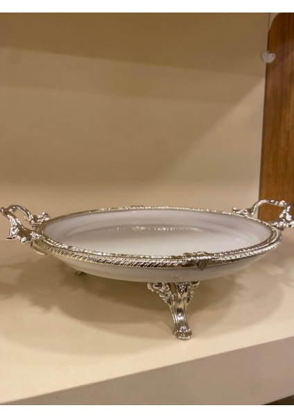 Porselen Sunum Tabağı Yuvarlak Ortaboy Döküm Pirinç Ayaklı Kulplu Gümüş 25 cm fiyatları