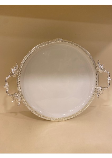 Porselen Sunum Tabağı Yuvarlak Ortaboy Döküm Pirinç Ayaklı Kulplu Gümüş 25 cm fırsatları