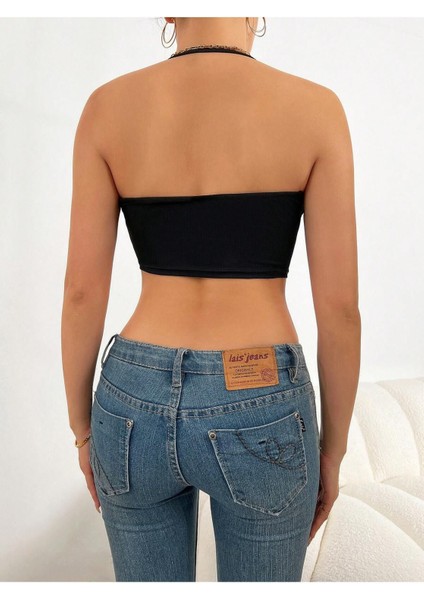 U Yaka Boyun Askılı Siyah Renk Fitilli Crop Top Büstiyer fiyatları