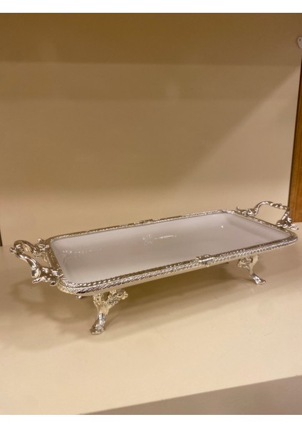 Porselen Sunum Tabağı Dikdörtgen Döküm Pirinç Ayaklı Kulplu Gümüş 32X16 cm modelleri