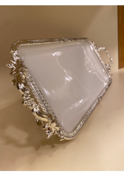 Porselen Sunum Tabağı Dikdörtgen Döküm Pirinç Ayaklı Kulplu Gümüş 32X16 cm indirimleri
