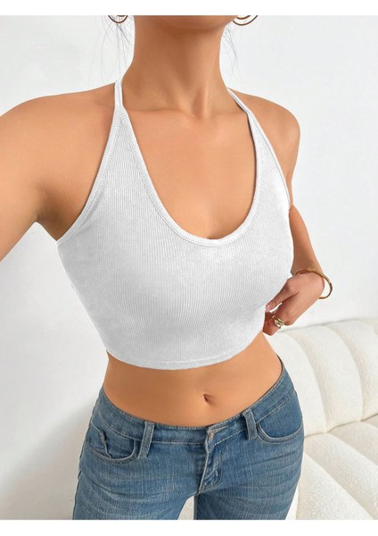 U Yaka Boyun Askılı Beyaz Renk Fitilli Crop Top Büstiyer