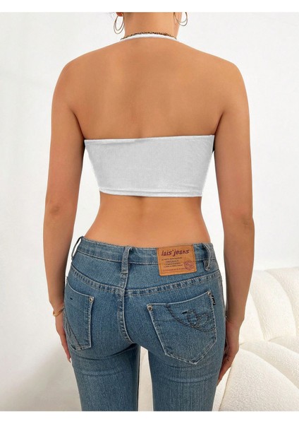 U Yaka Boyun Askılı Beyaz Renk Fitilli Crop Top Büstiyer fiyatları