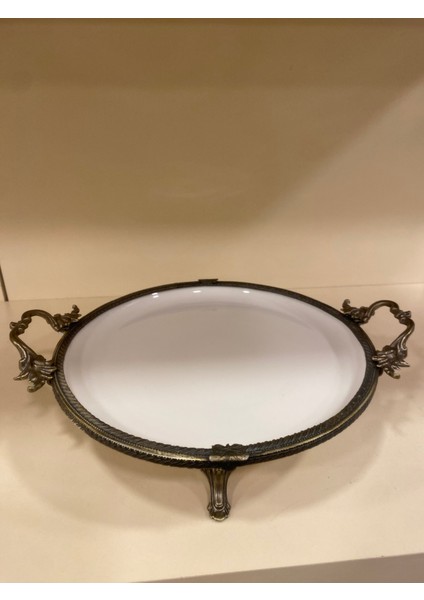 Porselen Yuvarlak Ortaboy Sunum Antik Eskitme Döküm Pirinç Ayaklı Kulplu 25 cm