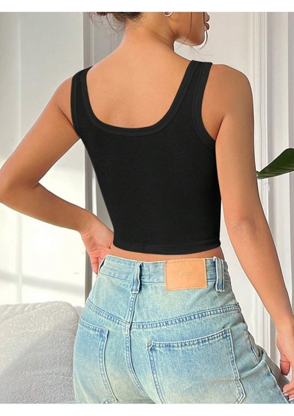 Kare Yaka Düşük Sırtlı Siyah Renk Fitilli Crop Top Bluz fiyatları