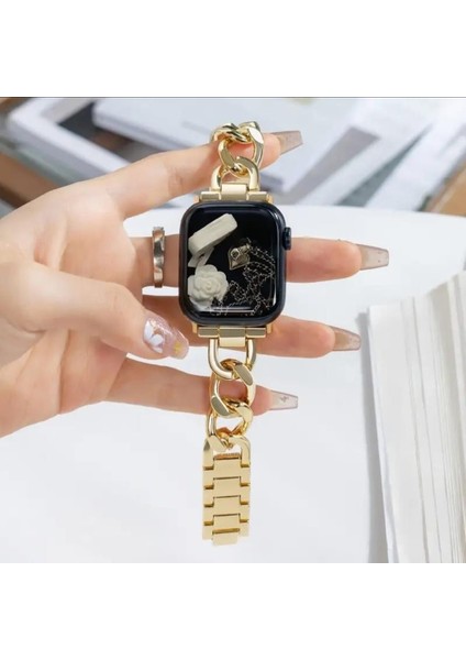 Apple Watch Band Ultra 1/2 Uyumlu 42/44/45/46/49 Mm, Iwatch Seri 10 46MM Paslanmaz Çelik Denim Zincir Şık Kordon