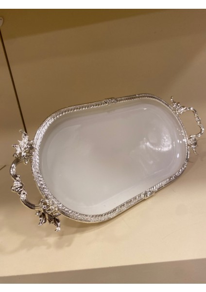 Porselen Sunum Tabağı Döküm Pirinç Ayaklı Kulplu Oval Ortaboy 30X16 Gümüş