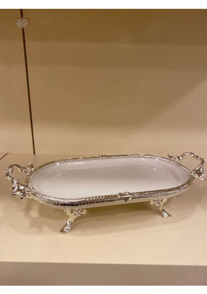 Porselen Sunum Tabağı Döküm Pirinç Ayaklı Kulplu Oval Ortaboy 30X16 Gümüş fiyatları