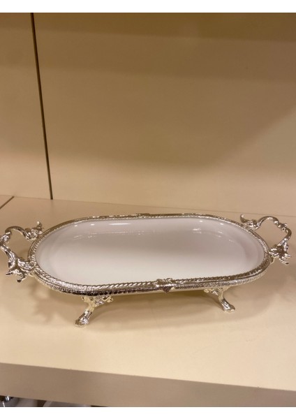 Porselen Sunum Tabağı Döküm Pirinç Ayaklı Kulplu Oval Ortaboy 30X16 Gümüş modelleri