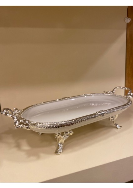 Porselen Sunum Tabağı Döküm Pirinç Ayaklı Kulplu Oval Ortaboy 30X16 Gümüş indirimleri