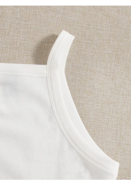 Düz Yaka Askılı Beyaz Fitilli Crop Top Büstiyer