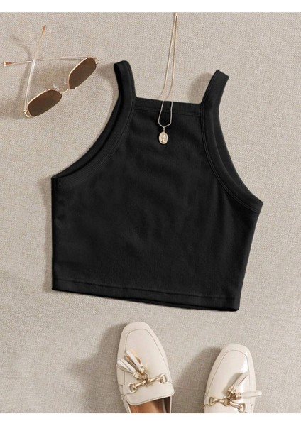 Düz Yaka Askılı Siyah Renk Fitilli Crop Top Büstiyer