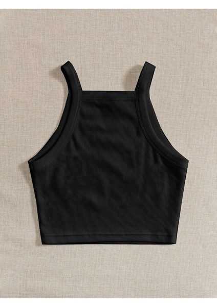 Düz Yaka Askılı Siyah Renk Fitilli Crop Top Büstiyer fiyatları